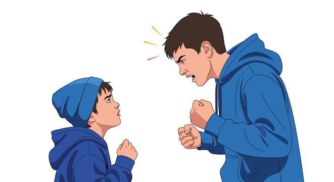 Man in a blue sweatshirt yells aggressively at a frightened child who cowers away during a intense moment of domestic conflict.