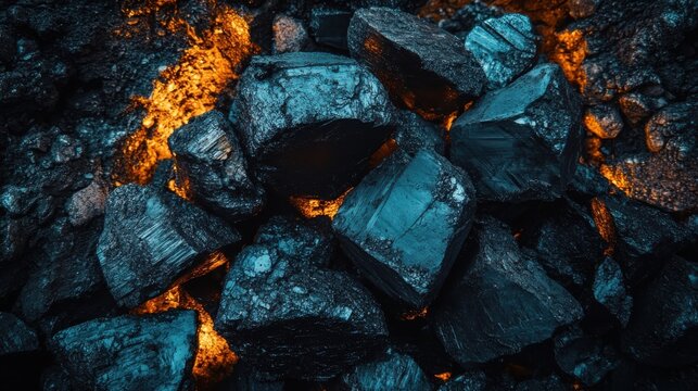 Pile of freshly extracted coal chunks with glowing embers