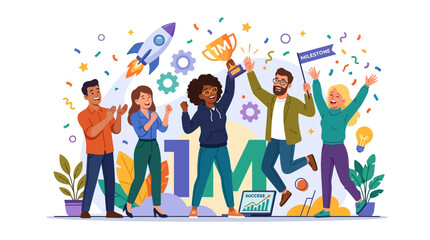 Obraz premium Excited team celebrates reaching 1 Million milestone with trophy and confetti