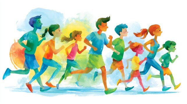 Colorful Poster of Families Jogging Together for Fun and Exercise in a Vibrant Outdoor Setting