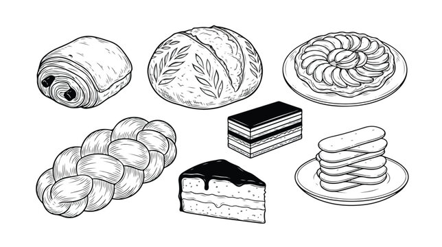 Set of 7 Black and White Bakery Pastry and Bread Vector Illustrations