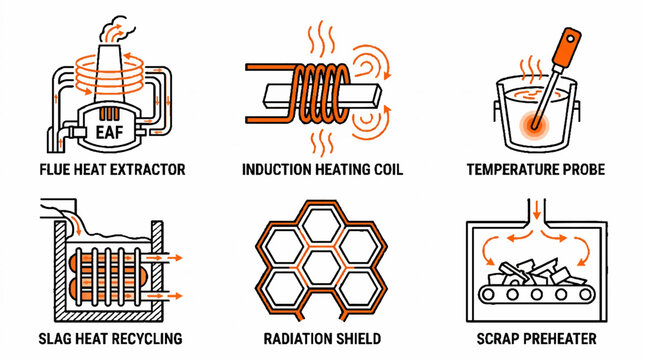 Industrial Steel Manufacturing Process Icons Set Showing Heat Recovery and Induction Equipment.
