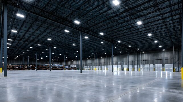 A high  photograph captures the powerful and expansive interior of a modern industrial warehouse featuring towering structures and sparkling