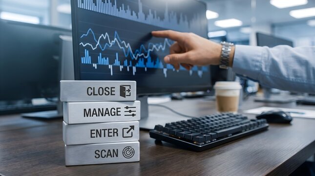 Person pointing at computer screen with buttons on wooden desk in office space
