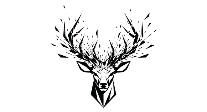 Abstract Stag Head with Exploding Antlers, Geometric Design, Black and White