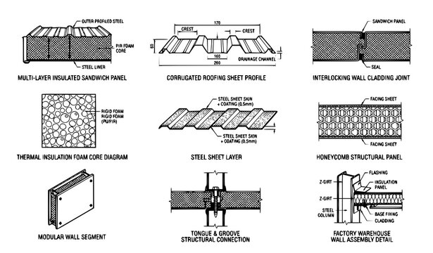Insulated sandwich panel and industrial wall cladding thin line icon set construction material vector graphics for architecture websites