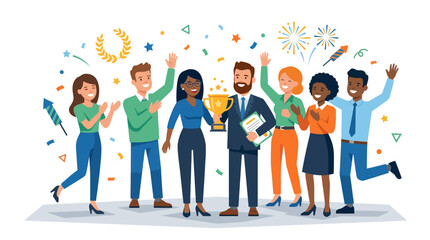 Obraz premium Diverse Team Celebrates Success with Trophy and Confetti