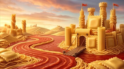 Naklejka premium Ravioli castle standing beside a tomato sauce river in a landscape made of various pasta shapes. Edible world concept under a sunset sky.