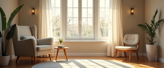 Fototapeta premium Living Room with Large Window Armchair Plant and Natural Light