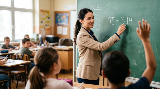 Commercial medium shot lifestyle photography of a female teacher writing mathematical equations on a classic green chalkboard &ndash; premium edtech branding, private school enrollment advertising, and mode