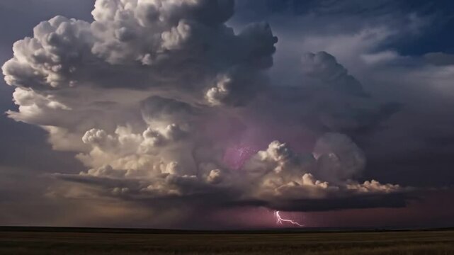 Dramatic supercell thunderstorm with lightning strikes over vast plains at sunset cumulonimbus