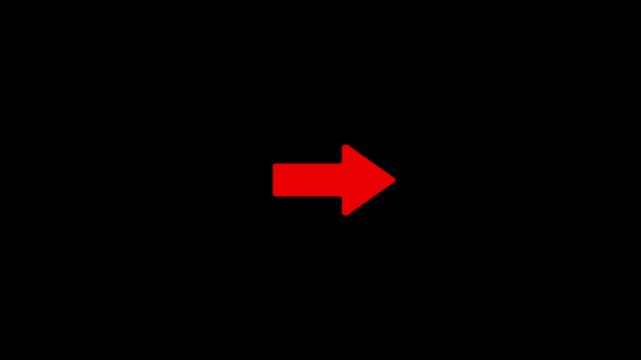 Minimalist red arrow pointing right, simple animation on black background, pointer direction navigation