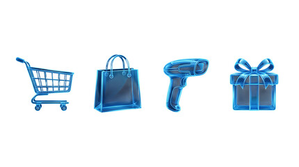 Fototapeta premium Set of blue glossy shopping icons including a shopping cart, a shopping bag, a barcode scanner, and a gift box isolated on transparent background