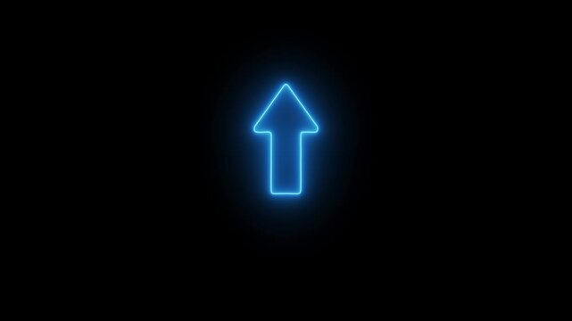 Neon blue glowing arrow sign pointing upward on black background, digital ui navigation