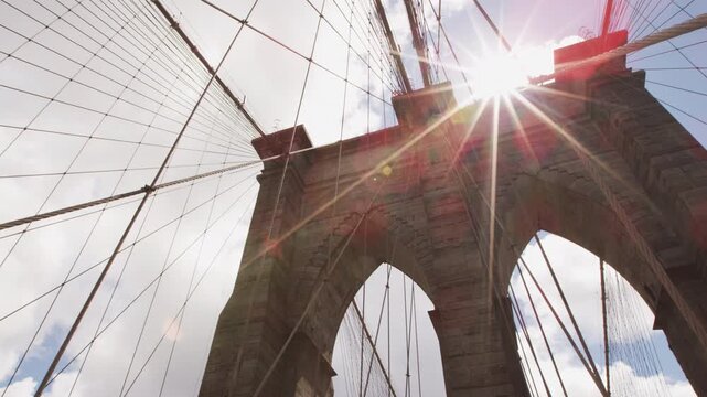 Brooklyn Bridge New york City Icon landmark. Closeup of Brooklyn bridge iconic details. NYC. SLOW MOTION VIDEO.