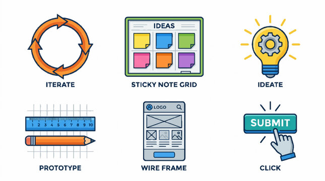Creative design process icons set featuring iterate ideate prototype wireframe sticky notes and click button.