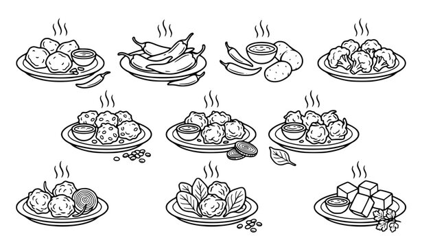  Pakora Street Food Icon Set Aloo Mirchi Gobi Paneer Vector