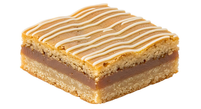 A single square piece of delicious caramel shortbread bar with a sweet white chocolate drizzle