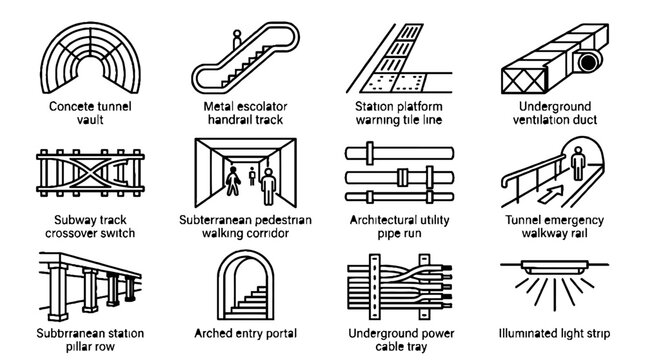 Subway and Underground Infrastructure Line Icon Set for Urban Transit Systems.