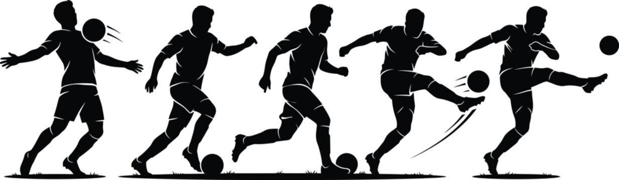 Soccer football player silhouette set with dynamic chest control dribbling running and kicking action sequence