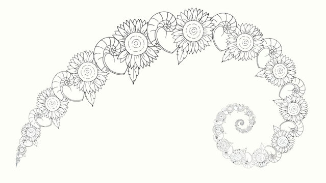 Sunflower and nautilus shell spiral pattern in line art style