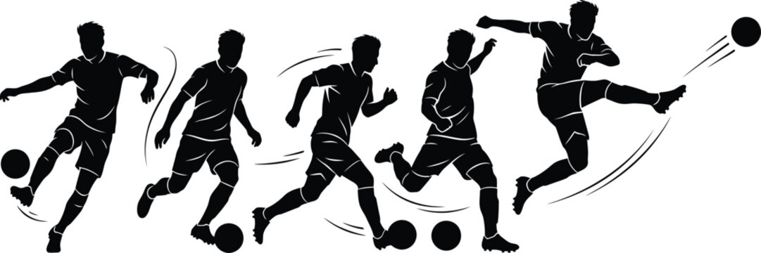 Soccer football player silhouette set with dynamic running dribbling and flying kick shooting action sequence