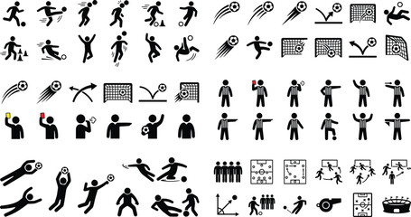Naklejka premium Soccer football sport stick figure icons set with player action referee signs and game strategy diagrams