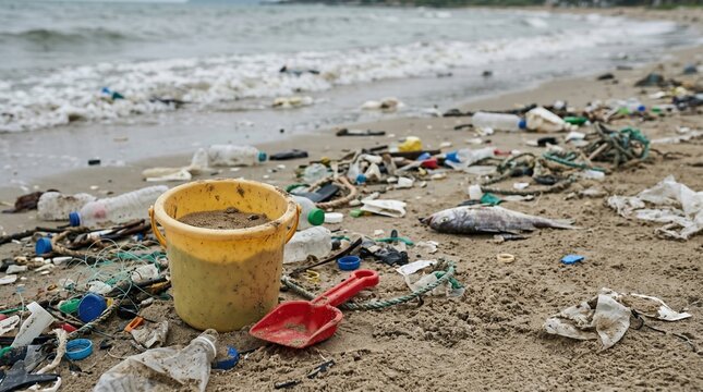 Plastic waste pollution on sandy beach near sea