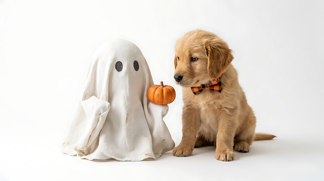 Golden retriever puppy and halloween ghost with miniature pumpkin