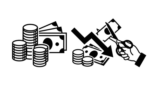 Money Downward Trend Icon: Cost Reduction, Budget Cut, Financial Loss