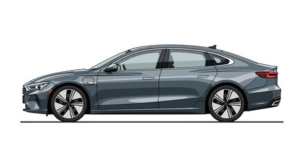 Fototapeta premium Modern Sedan Car, Side Profile, Dark Gray, White Background, Electric Vehicle Design