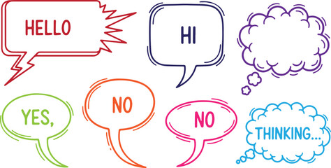 A set of vibrant, hand-drawn speech and thought bubbles featuring casual text expressions like "Hello," "Hi," "Yes," "No," and "Thinking," isolated on a white background. © Mend