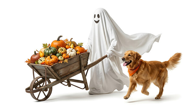 Halloween ghost with golden retriever and pumpkin filled wheelbarrow
