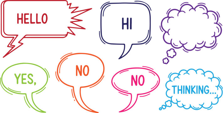 A set of vibrant, hand-drawn speech and thought bubbles featuring casual text expressions like "Hello," "Hi," "Yes," "No," and "Thinking," isolated on a white background.