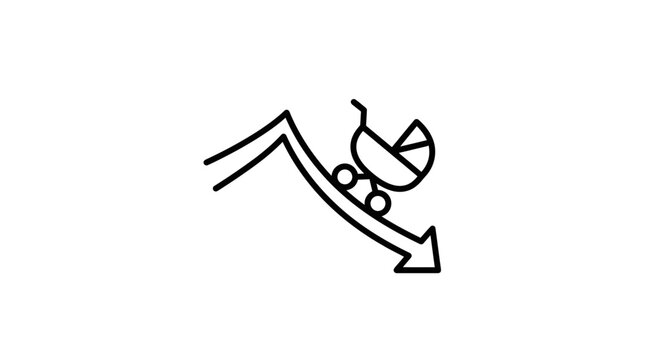 Declining Birth Rate Icon: Stroller on Downward Arrow Graph