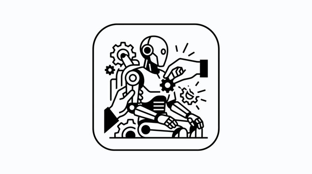 Robot assembly: Hands building and fixing mechanical android with gears and tools