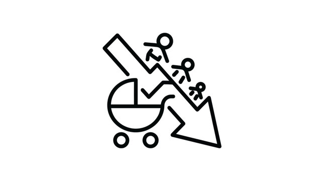 Declining Birth Rate Icon: Baby Stroller and Stick Figures on Downward Arrow
