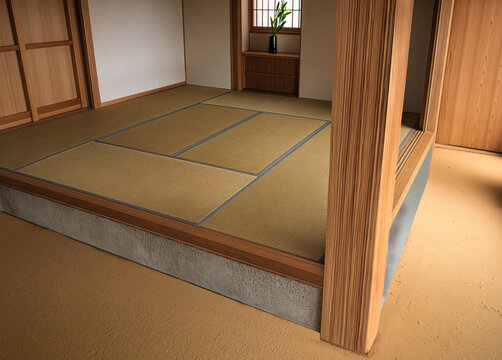 和風建築の大黒柱と土間・畳の間 &mdash; 伝統的な日本家屋のインテリア