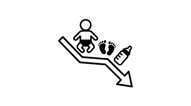 Declining Birth Rate Icon: Baby, Footprints, Bottle, Downward Arrow Graph