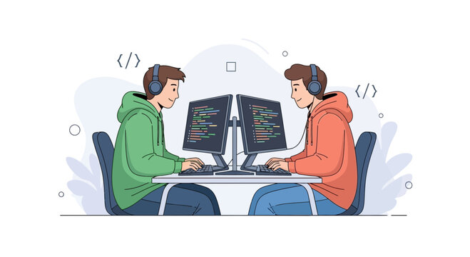 Two programmers coding together, pair programming, focused on computers with headphones and code on screen, modern illustration style