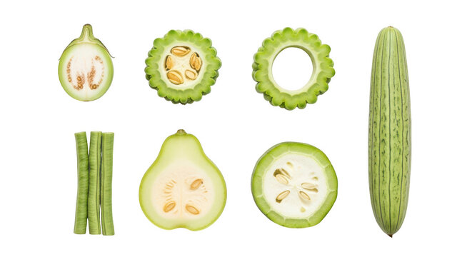 Collection of various fresh vegetables including bitter melon, long beans, and luffa isolated on transparent background