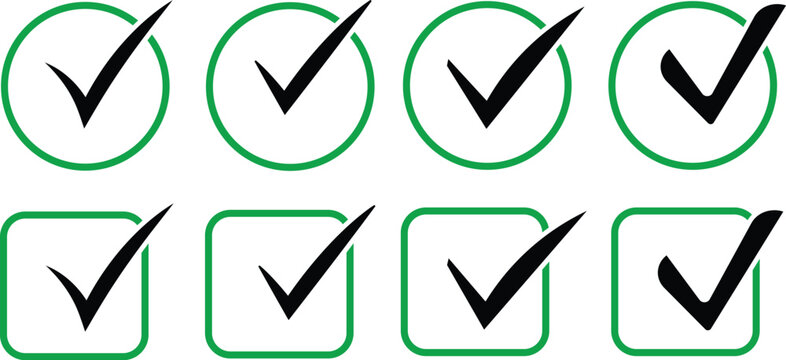 Collection of green check marks and tick signs in black boxes and circles. check mark icons, check boxes, and radio buttons. approval verification success interface design