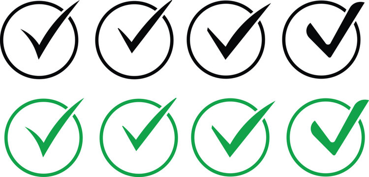 Collection of green check marks and tick signs in black boxes and circles. check mark icons, check boxes, and radio buttons. approval verification success interface design