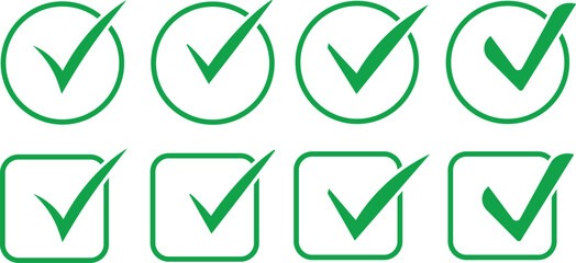 Set of green and black check marks in different styles like circles squares. Green and black tick symbols for correct answers, yes choices, and task completion. Vector set of check mark icons, check b © MDneamul