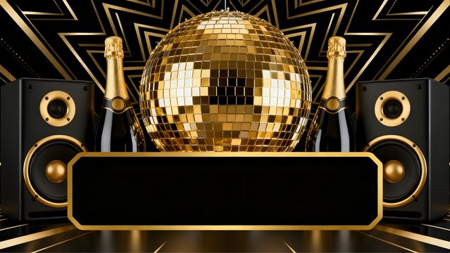 Golden disco ball with champagne and speakers
