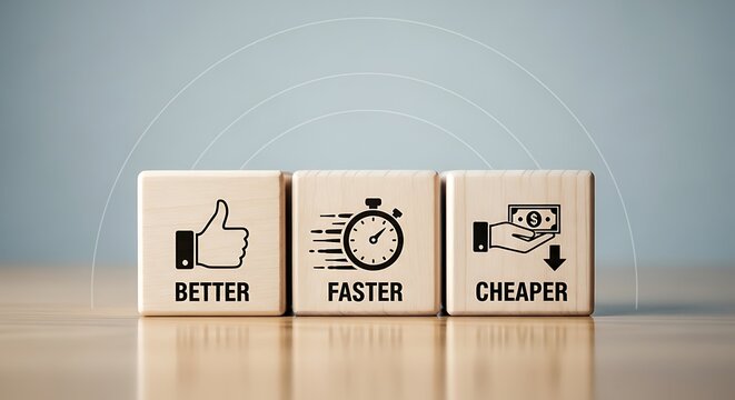 Better Faster Cheaper business strategy concept, wooden blocks with performance icons, competitive advantage and project management optimization