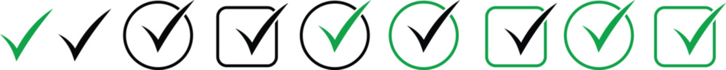 Set of green and black check marks in different styles like circles squares. Green and black tick symbols for correct answers, yes choices, and task completion. Vector set of check mark icons, check b © MDneamul