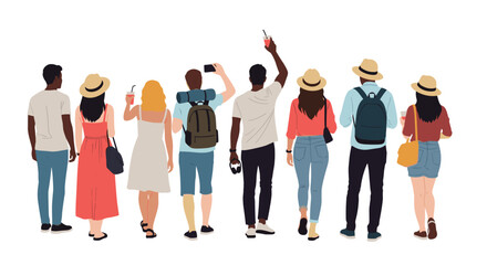 Fototapeta premium Back view of a group of diverse young tourists with backpacks and hats taking photos and holding drinks during summer vacation travel.