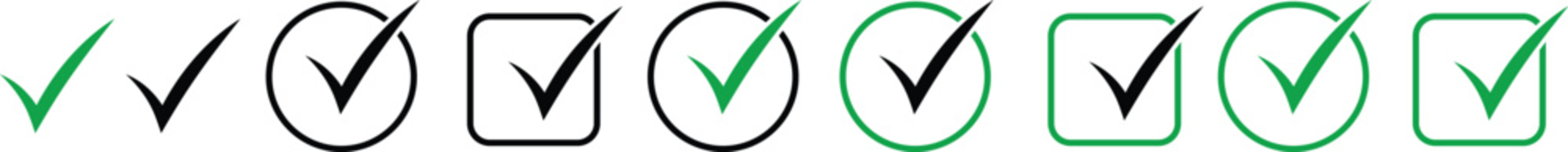 Set of green and black check marks in different styles like circles squares. Green and black tick symbols for correct answers, yes choices, and task completion. Vector set of check mark icons, check b