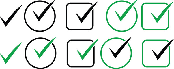 Set of green and black check marks in different styles like circles squares. Green and black tick symbols for correct answers, yes choices, and task completion. Vector set of check mark icons, check b © MDneamul